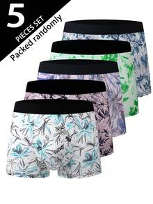 5条装男士随机涂鸦印花平角内裤，舒适轻便日常内衣 - 彩色 - 查看 1