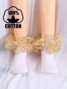 1 Pair Cotton Children Lace Trim Solid Color Short Socks, Suitable For Dance, Princess, Toddler - Gold - View 10