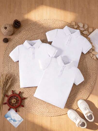 3 piezas Camisas polo de manga corta blancas clásicas para niños y niños, adecuadas para la escuela, reuniones, actuaciones y otras actividades grupales, ideales para la escuela, el transporte, las vacaciones y el uso diario casual