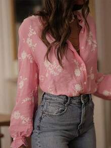 Bestselling Vintage Embroidered Ruffle Hem Women Blouse, Flower, Leaf Print, Button Embroidered Decoration, Casual Wear Pink Spring - Pink - View 4
