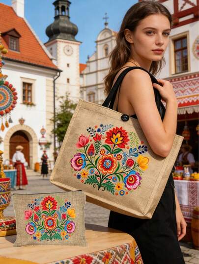 Decoración bohemia folclórica, set de bolso de tela y cartera con estampado floral vintage, estilo folclórico maximalista, bolso grande de estilo arte popular mexicano que incluye bolso de tela y monedero, bolso de gran capacidad con estilo de arte popular del este de Europa, bolsa de almacenamiento de maquillaje, bolso grande de gran capacidad