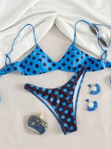 Women's Summer Beach Polka Dot Print Sexy Bikini Swimsuit Set Vacation - Blue - View 3