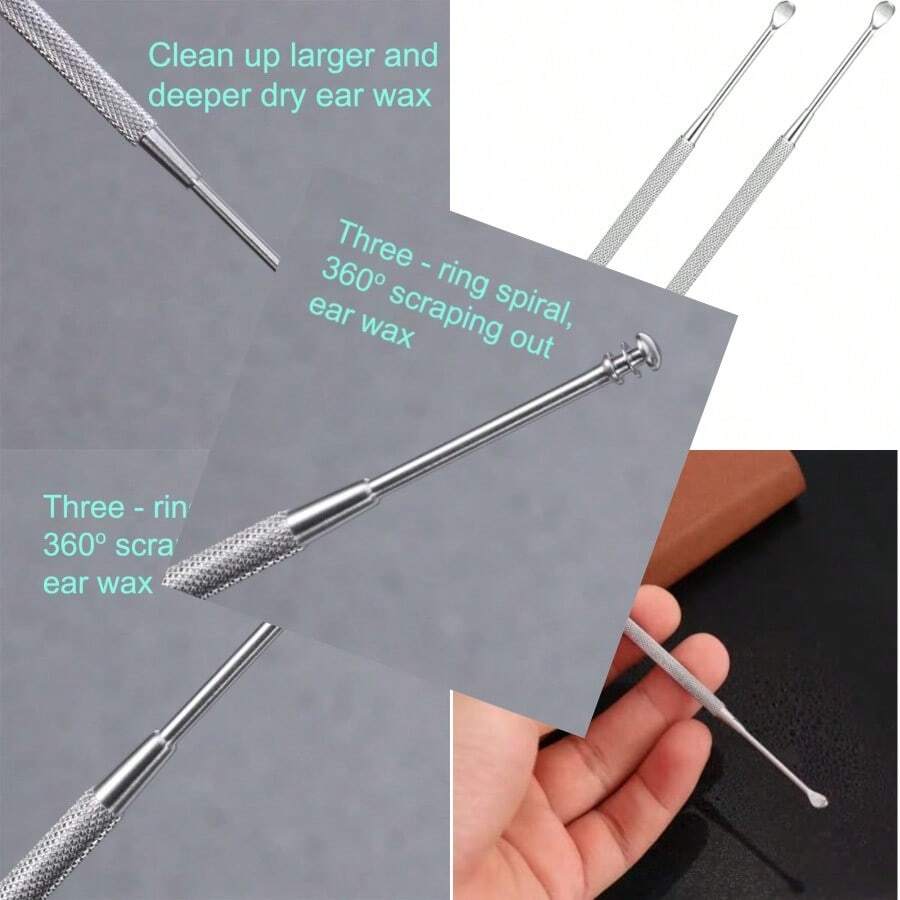 2 Pack - Stainl Steel Ear Spoon Portable Double-Ended Ear Pick Ear Wax Removal Tools Cleaning Ear Cleaner Spoon Spiral Ear Clean Tool - như hình - Xem 1