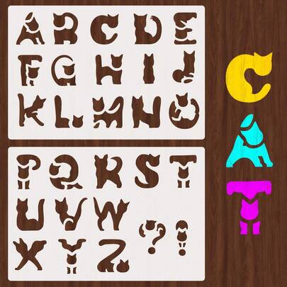 猫咪字母模板套装，包含26个A-Z字母和可爱的小猫图案，可重复使用的塑料绘画模板，适用于DIY工艺品、墙面、织物、家具和家居装饰。