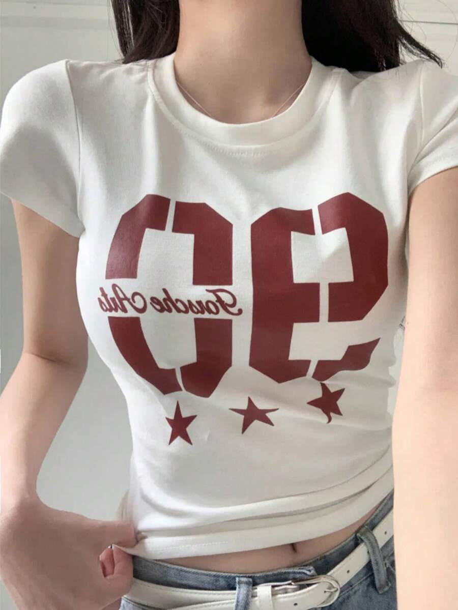 Y2K学院风“90”数字印花修身短款T恤，女款白色复古休闲夏季上衣 - 白色 - 查看 1