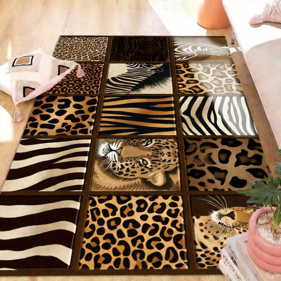 Retro Leopard Print Flannel Carpet, 2D Digital Printing, Non-Slip Rubber Bottom, Multiple Sizes Available. Suitable For All Seasons, Washable, Machine Washable, Comfortable, Unique, Suitable For Him, Her, Family Members, Boyfriend, Girlfriend, Father, Family Members, Mother, Lover, Daughter, Son, Grandfather, Grandmother, Teacher, Doctor, Nurse, Friend, Classmate, Pet. As Birthday Gifts, Household Items, Wedding Items, Souvenirs, Home Decoration, Daily Life, Office Decoration, Birthday, Anniversary, Valentine's Day, Thanksgiving, Graduation Season, Christmas, Halloween, Mother's Day, Father's Day, Wedding, New Year Gift Decoration. Suitable For Shopping Centers, Restaurants, Kitchens, Bathrooms, Living Rooms, Bedrooms, Corridors, Balconies, Outdoor Doors, Door Mats, Entrance Mats, Non-Slip Mats, Offices, Cafes, Piano Room Floor Decoration - 多色14 - 查看 1