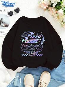 Retro Disney Toy Story Pizza Planet Sweatshirt For Women, Oversized Y2K Aesthetic Black Pullover, Holographic Print Casual Crewneck, Perfect For 90s Cartoon Fans & Streetwear Lovers, Cozy Fall Winter Top - Black - View 1