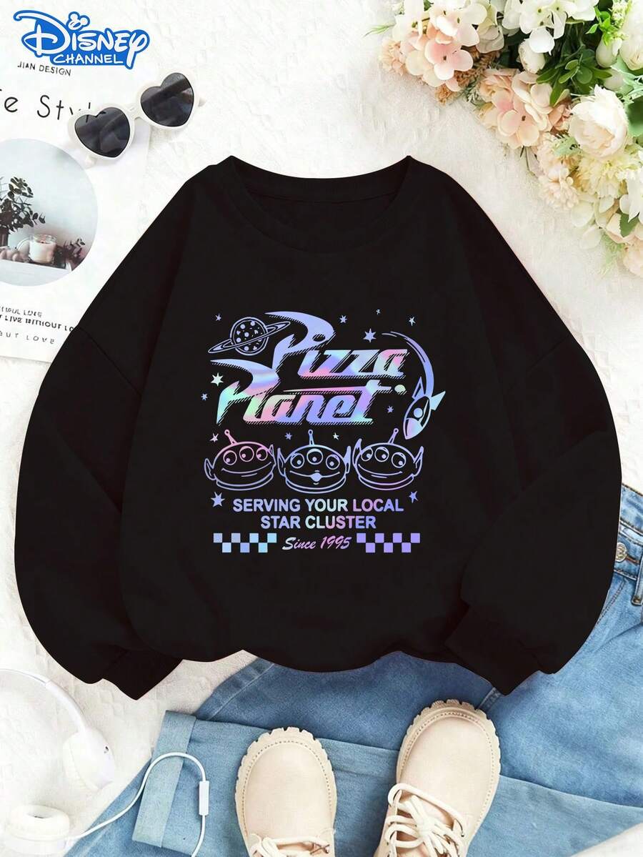 Retro Disney Toy Story Pizza Planet Sweatshirt For Women, Oversized Y2K Aesthetic Black Pullover, Holographic Print Casual Crewneck, Perfect For 90s Cartoon Fans & Streetwear Lovers, Cozy Fall Winter Top - Black - View 1
