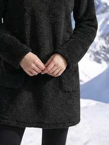 Women's Round Neck Long Sleeve Pocket Furry Long Tops, Autumn/Winter - Black - View 4
