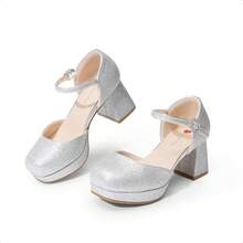 Girls Glitter Platform High Heels Square Toe Ankle Strap Wedding Party Pumps Flower Girl Shoes For Little Big Kid - 銀色 - 查看 7