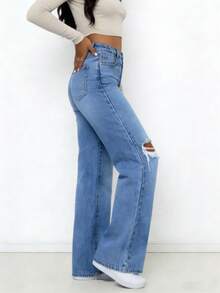 PETITE Women's Classic Washed Distressed Denim Jeans, Versatile Fashion, Suitable For Daily Commute Or Vacation Wear - Medium Wash - View 2