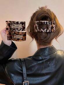 2pcs/1pc Women 4.40in/11.2cm Brown & Gray Leopard Print Flat Alligator Clip Hair Claws, Fashionable, Elegant, Minimalist, Solid Color Hair Accessories Suitable For Daily, Casual, Party, Commute, Beach, Vacation, Ponytail, Bun, Washing Face, Makeup, Outfit Matching, Hair Slide, Hair Barrettes, Head Accessories, Hairpin,Summer,Holiday,Travel - Multicolor - View 2