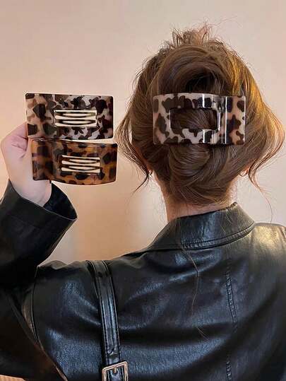 2pcs/1pc Women 4.40in/11.2cm Brown & Gray Leopard Print Flat Alligator Clip Hair Claws, Fashionable, Elegant, Minimalist, Solid Color Hair Accessories Suitable For Daily, Casual, Party, Commute, Beach, Vacation, Ponytail, Bun, Washing Face, Makeup, Outfit Matching, Hair Slide, Hair Barrettes, Head Accesssories