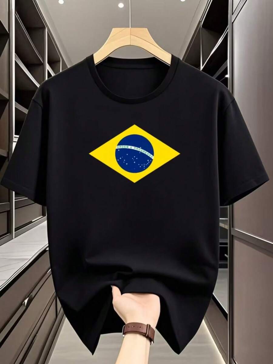 Brazilian Flag T-Shirt, Unisex Men's And Women's Blouse, 100% Cotton, Premium Top, Streetwear, New Release, Immediate Shipping, Various Colors!! - 黑色 - 查看 1