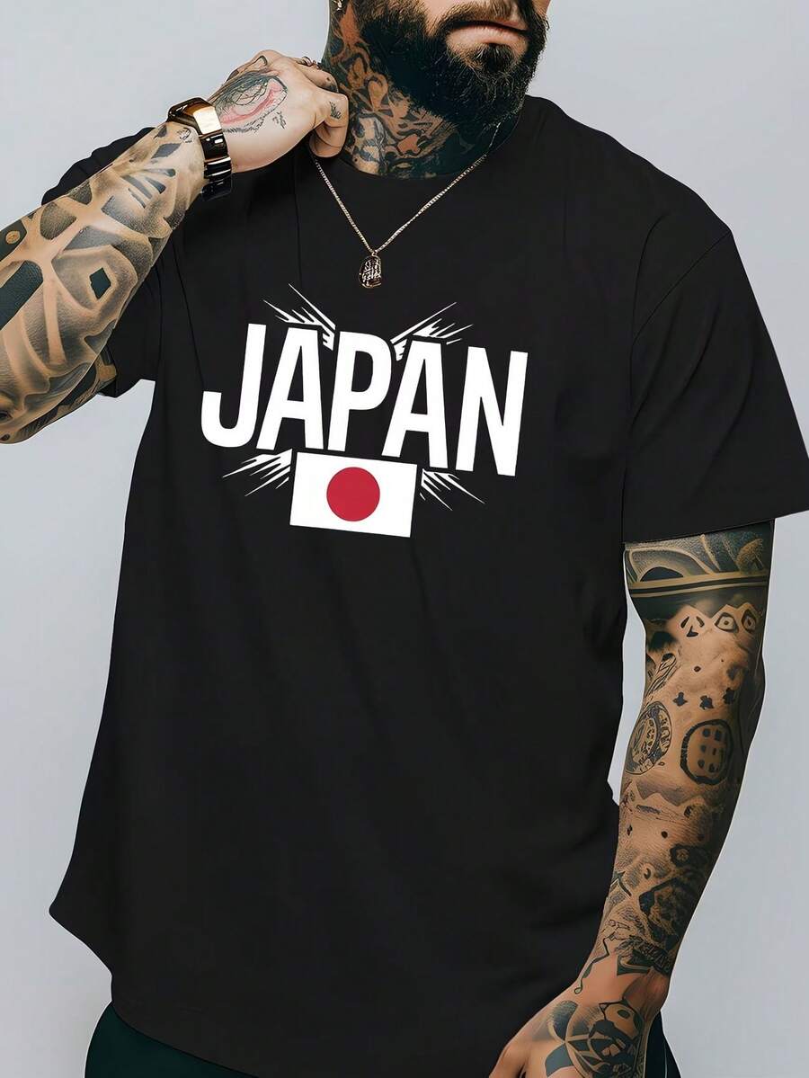 Japan Flag T-Shirt, Unisex Men's And Women's Blouse, 100% Cotton, Premium Top Streetwear, New Arrivals, Immediate Shipping, Various Colors!! - 黑色 - 查看 1