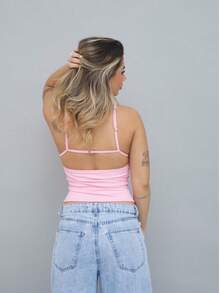 Cropped Tank Top With Deep V-Neck In Polyamide – Thin Straps And Cut-Out Detail | Sexy And Comfortable - Rosa Pálido - Ver 3