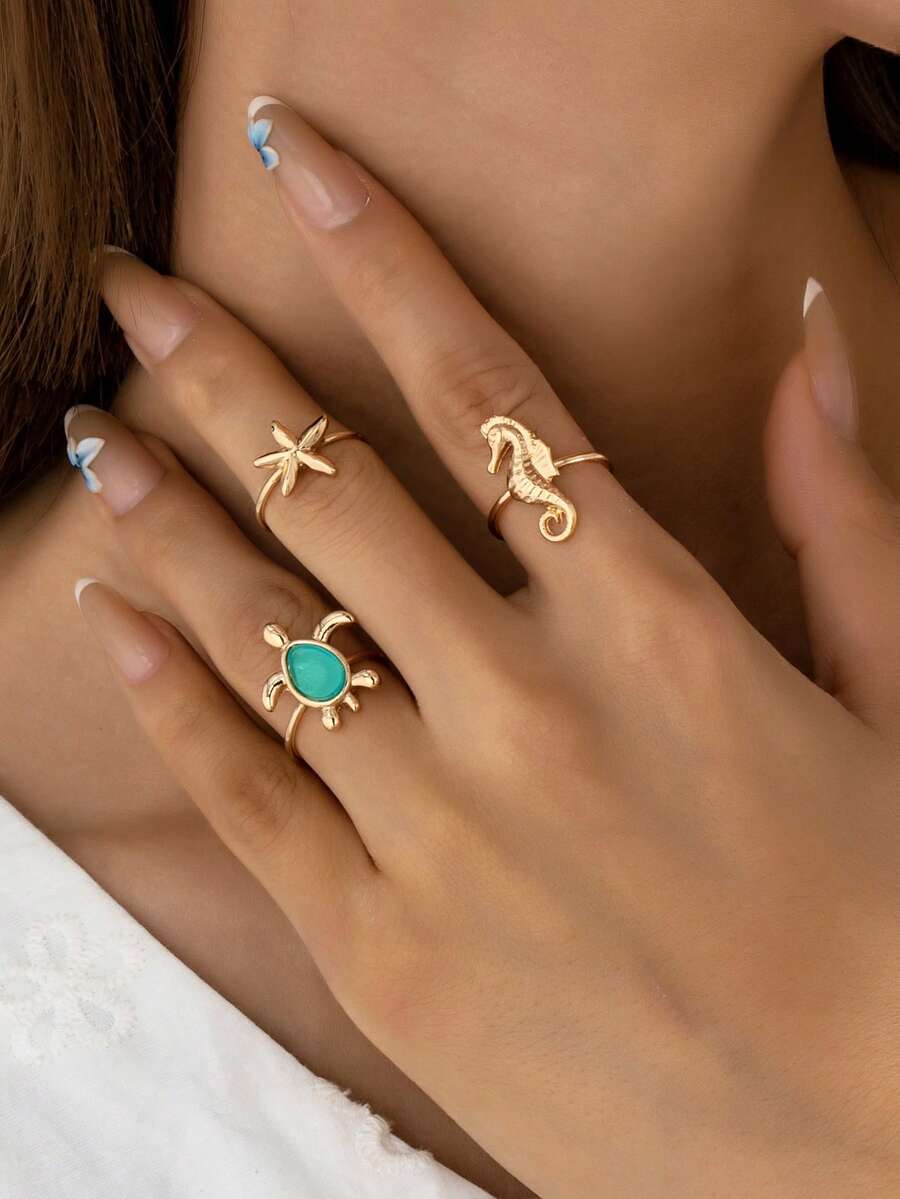 3pcs/Set Beach Vacation Seahorse, Turtle, Starfish Ring Set, Boho Style Ocean Animal Rings, Matching Well With Bikini Swimwear - Multicolor - View 1