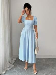 Đầm nữ Lily House kẻ sọc xanh trắng dáng rộng cổ vuông tay cánh hoa, thiết kế bèo nhún ở eo, chất liệu cotton co giãn thoải mái, tối giản và thanh lịch, phù hợp cho công sở, hàng ngày, mùa xuân, kỳ nghỉ, đi làm, hẹn hò ăn trưa, dự tiệc cưới. - Màu xanh lam - Xem 11