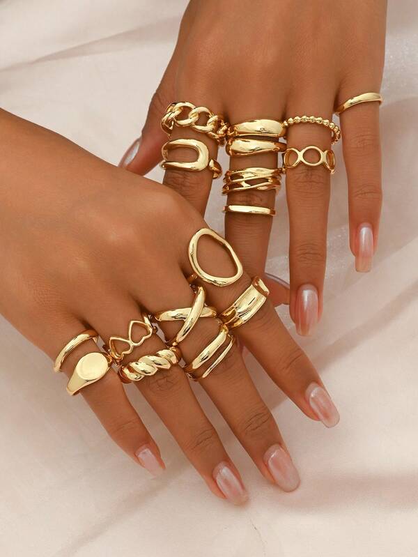16pcs Asymmetrical Geometric Chic Heart Design Open Rings Set, Versatile Unique Personalized Gift For Women (Random Style)