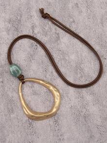 1pc Fashionable Versatile Gold & Silver Teardrop Shaped Alloy Necklace, Unisex Pendant Long Necklace With Brown Wax Rope & Beads, Music Festival Gift, Holiday Accessory - Brown Waxed Rope - View 7