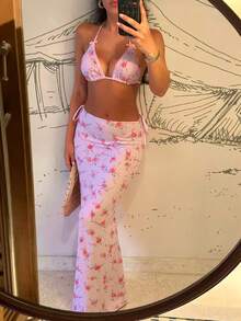 Bộ bikini 3 mảnh dành cho nữ, kiểu dáng mới, gợi cảm, thanh lịch, thích hợp đi biển, hẹn hò, dự tiệc, in hoa, trang trí nơ, hở lưng, buộc dây phía trước, kèm áo khoác ngoài và chân váy. - Nhiều màu - Xem 2