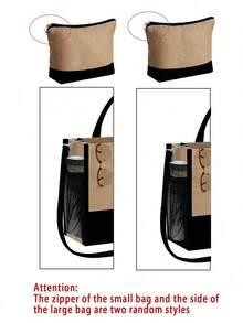 Black Khaki Set With The Letter "Beach" Printed On It, Beach Bag, With Makeup Bag, Small Square Bag, Hat, Large Capacity, Shoulder Strap, Adjustable, Convenient Small Bag Combination, Solving The Problem Of Messy Travel Cosmetics, Professional Makeup Bag, Square Bag, Tote Bag, Coin Purse, Storage Bag - Multicolor - View 8