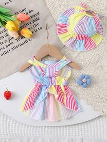 猫狗彩虹条纹无袖宠物连衣裙（紫色）+配套宠物帽套装 - 彩色 - 查看 3