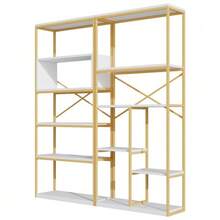 Modern Minimalist Style Shelf Measuring 160 X 29.5 X 180 Cm, Made Of Steel Tubes And MDF, Stable Rectangular Structure, Gold And White Colour, Easy To Assemble And Clean. - 1PC - 查看 7