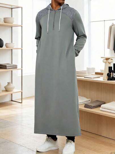 2-Tone Muslim Men's Robe, Modern Islamic Men's Clothing, Hooded Robe With Drawstring And Zipper, Slit Sides And Two Side Pockets