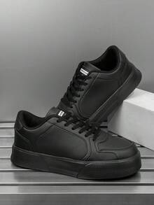 Men's Minimalist Fashion Solid Color Patchwork Letter Print Black Skate Shoes, Versatile Outdoor Commute Sports Sneakers - Black - View 7