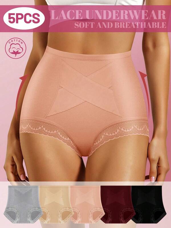 MEIYATING 5pcs Women High Waist Lace Trim Comfortable Cotton Panties, Solid Color, Criss-Cross Design, Everyday Wear