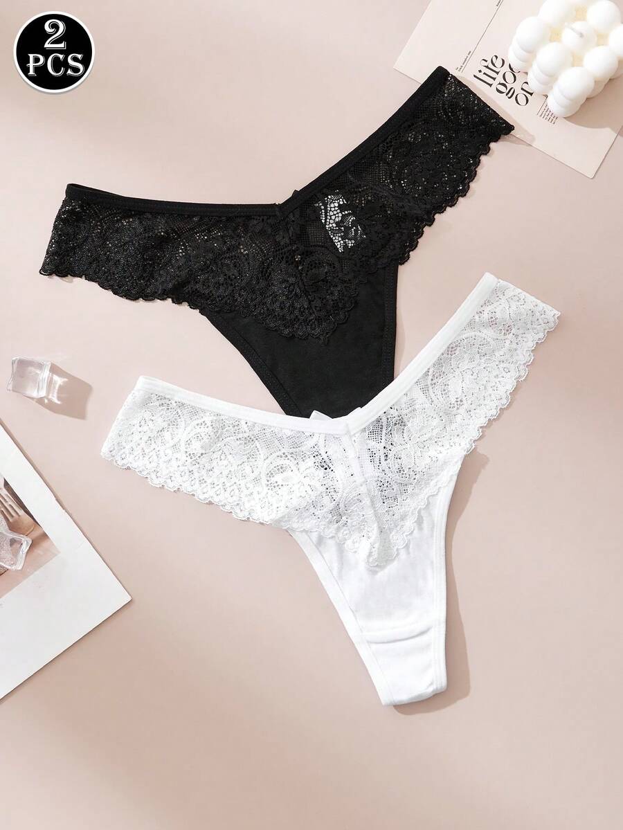 2条装蕾丝边蝴蝶结绑带性感低腰透气女士丁字裤 - 彩色 - 查看 1