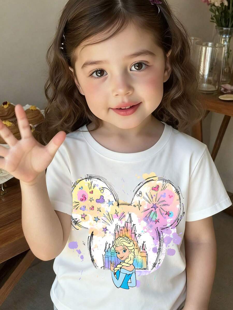 Whimsical Disney Frozen Elsa Graphic Tee – Lightweight Cotton T-Shirt With Playful Sketch Design & Magical Vibe For Playdates & Celebrations - trắng - Xem 1