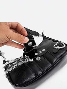 Y2K Star &Y2K Fashionable Multi-Functional Star & Moon Design Unique Pink Chain Decor Crossbody Bag, Ladies Baguette Bag, Niche Design, Steampunk, Gothic, Ladies Bag, Cool Girl Streetwear, Music Festival, Party, Ladies Rock Style Bag Suitable For Girls'' Street Style, Celebrity Same Style Printed Female Shoulder Bag, Y2k Bag, Gothic Punk Bag For Women, 2000s Fashion Style Bag For Women,Christmas Outfit,,Christmas Campus,,Holiday Travel,Christmas Party - 黑色 - 查看 6