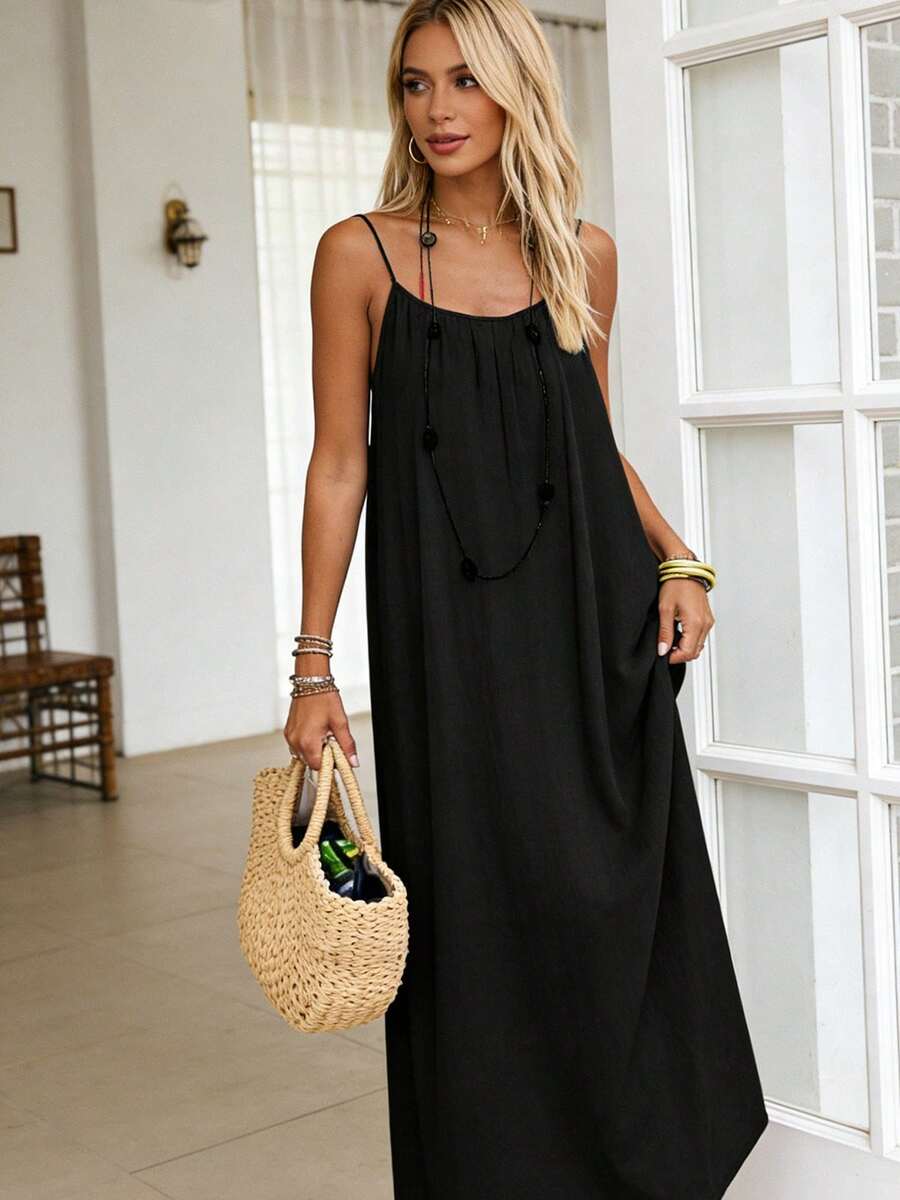 Women's Sexy Backless Solid Color Spaghetti Strap Maxi Dress, Loose Sleeveless Empire Style Dress, 2026 Summer New Arrival - 黑色 - 查看 1