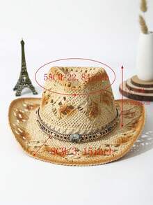 1Pc Unisex Colored Stones Decor Dyeing Printed Cowgirl Hat Summer Travel Shade Breathable With Beaded Trim Band Hand Woven Hollow Out Wide Brim Handmade Boho Cowboy Hat Beach Hat Sun Hat Straw Hat - Màu be - Xem 4