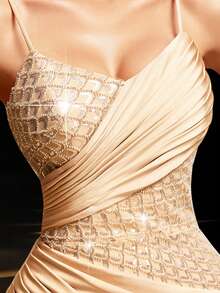 Nuevo vestido de noche sin mangas para mujer: Vestido de sirena de cuello en V, cintura alta, color champán, para otoño/invierno, con diseño de abertura lateral, elegante vestido largo decorado con perlas y lentejuelas lujosas, detalles con lazo y drapeado, adecuado para banquetes formales, cumpleaños, bailes, fiestas, Año Nuevo, San Valentín, Navidad y ocasiones de invitado de boda. Fiesta de primavera - Champán - Ver 7