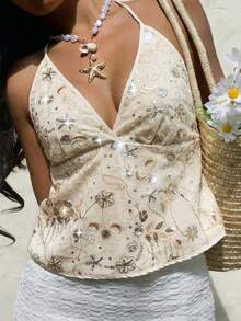 2026 Spring/Summer New Sequin Embroidered Tie-Front Plunge V-Neck Backless Camisole Top, Elegant Women's Summer Vacation, Beach, Party, Festival Outfit - Beige - View 6