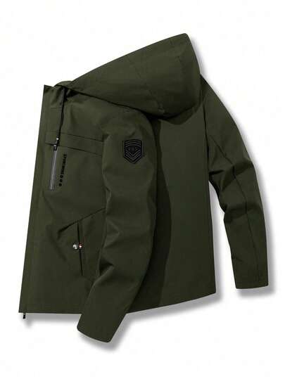 男士轻便连帽夹克，适合春夏穿着 - 涤纶户外夹克，带抽绳、拉链口袋和可调节袖口，非常适合骑行、徒步旅行和休闲穿着。