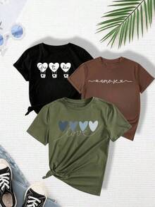 Kit 3 Camisetas Femininas Estampa Coração - Frases Positivas – 100%¨Algodão, Casual, Confortáveis - Multicolorido - Visão 5