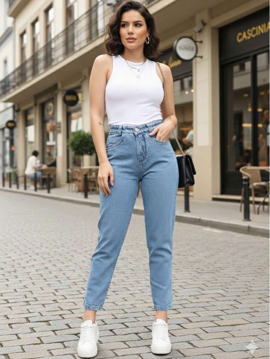 Women's Mom Jeans With Folded Hem, High Waist, No Lycra - 霧霾藍 - 查看 1