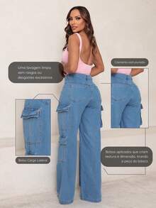 Calça Wide Leg Feminina Cargo Cintura Alta 3 Bolsos Laterais Larga Casual Elegante  Clean Girl - Lavagem Média - Visão 4