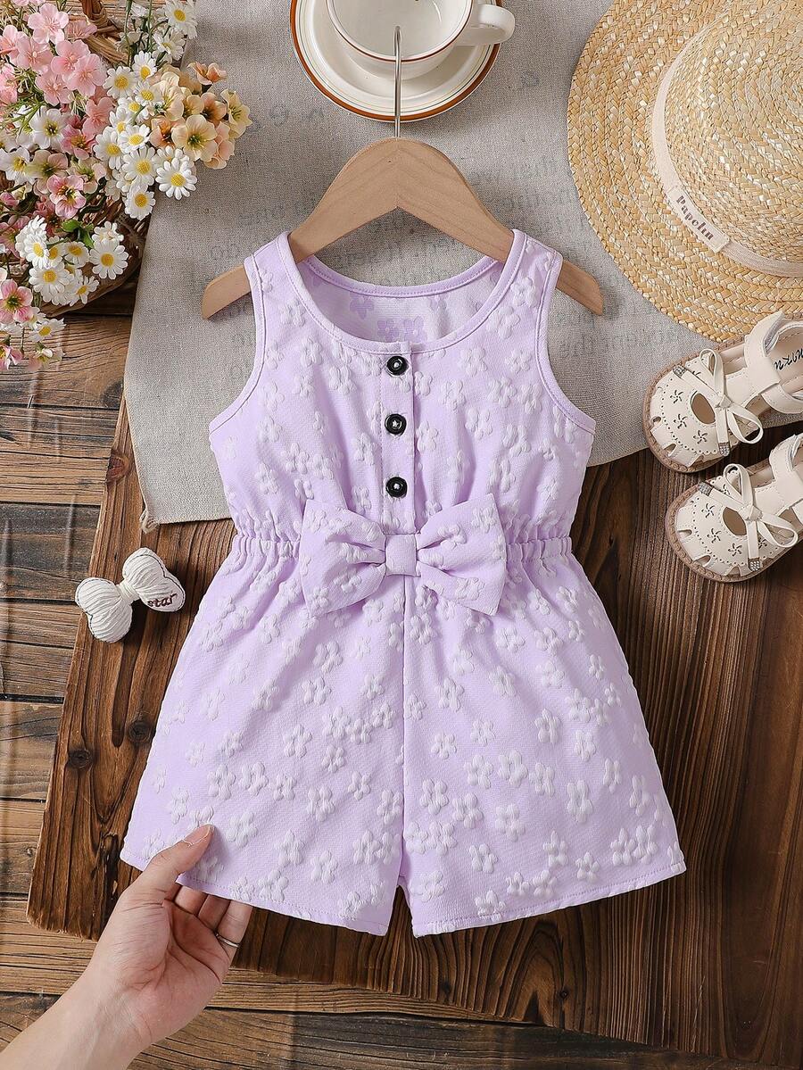 Baby Girls' Cute Solid Color Round Neck Sleeveless Bow Decor Button Design Half-Placket Romper, Suitable For Home, Daily Wear And Outings, Spring/Summer