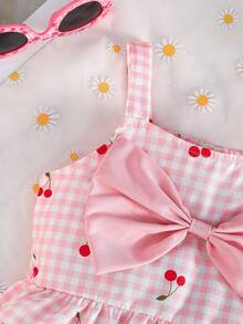 Girls' Cute Cherry Print Outfit, Includes Bow Tie Gingham Camisole Top And Casual Ruffle Hem Shorts, Summer - Pink - View 4