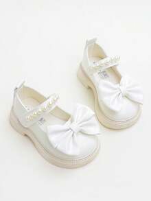 1 Pair New Minimalist Princess Style Pearl Bow Solid Color Flat Shoes For Kids, Suitable For Performance, All Seasons - Beige - View 2