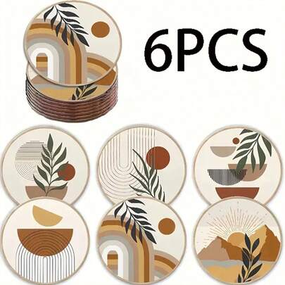 6/60pcs Round Wooden Coasters - Bohemian Minimalist Style, 2D Printed, Heat-Resistant Drink Coasters, Ideal For Home And Office Decor | Perfect For Coffee Tables, Desks, Kitchens, Tabletops | Great For Mother's Day, Valentine's Day, Wedding Season, Birthday Parties, Holiday Dining Tables | Decorative Tableware