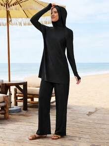 VFJ 3pcs Women High Elasticity Casual Conservative Rash Guard Long Sleeve Finger Hole Swimsuit Set, Includes High Waist Bottoms, Hooded Top, And Hat - Black - View 5