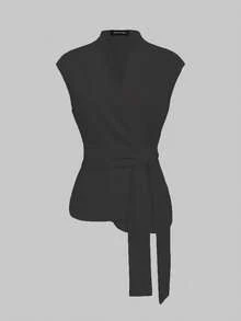 两件套优雅休闲通勤商务职场法式系带无袖背心上衣+宽松阔腿裤两件套夏季套装 - 深灰色 - 查看 9