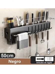 Soporte de Cuchillos para Pared Acero Inoxidable | Barra Multifuncional Cocina con 8 Ganchos Extraíbles + Toallero, Almacenamiento Organizador - Negro - Ver 4