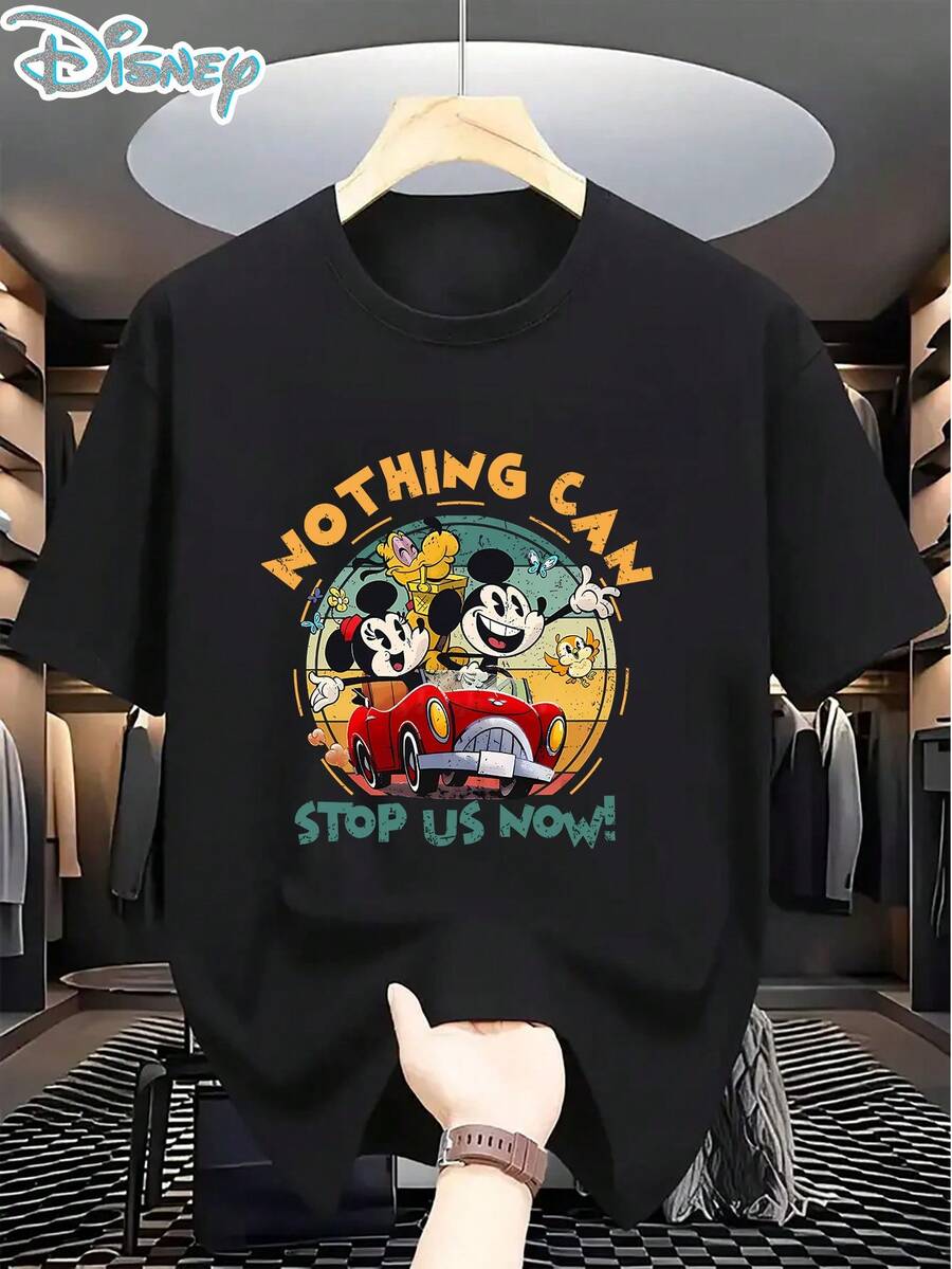 1pc Men's Patterned T-Shirts Are Officially Authorized, And The New Mickey Mouse Printed T-Shirts Are Suitable For Men's T-Shirts With Breathable Patterns And Sweat Absorption, Which Are Casual, Elegant And Comfortable, Disney Fans. - 黑色 - 查看 1
